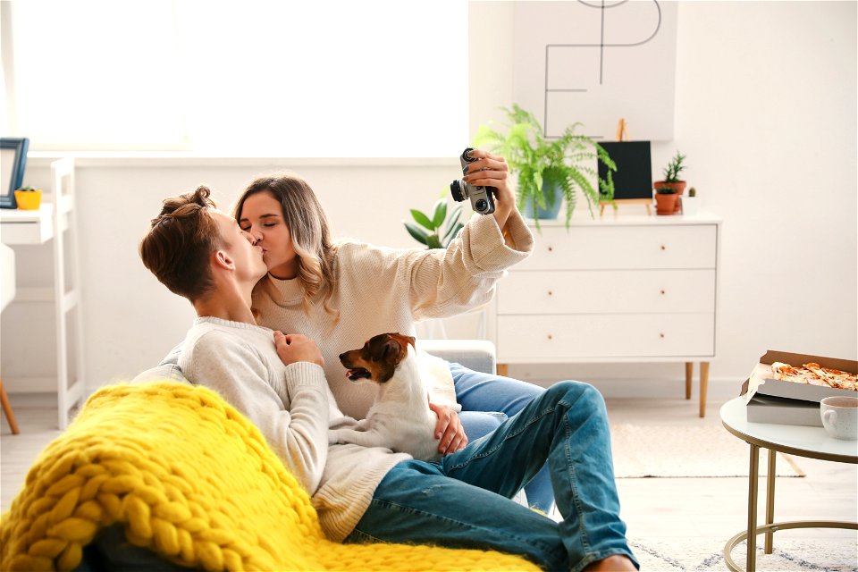 Couple Kiss Dog Selfie