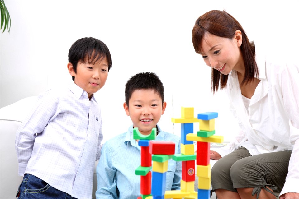 Mother Children Boy Building Blocks