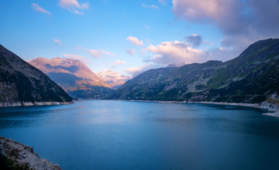 High-mountain reservoir water panorama
