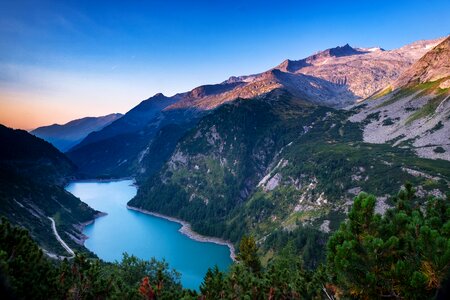 High-mountain reservoir water panorama