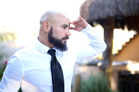 Bald beard observing photo