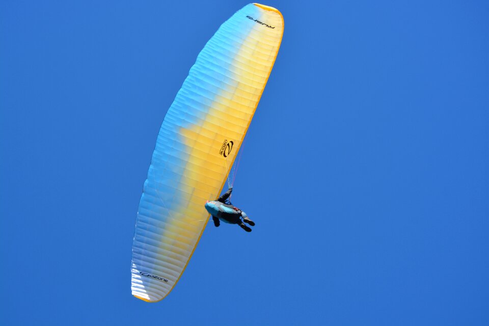 Sailing blue yellow ozone rush5 wing paraglider blue yellow adventure