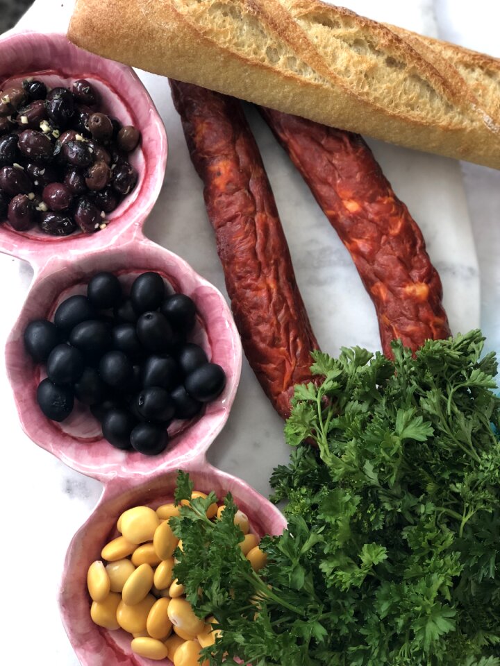 Portuguese food olives chorizo