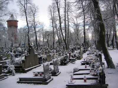 Old cemetery tombstone winter photo