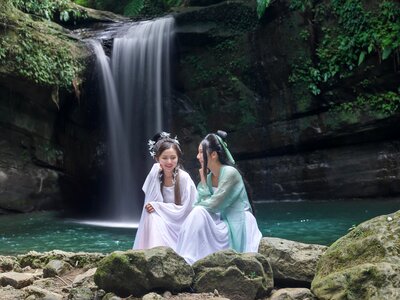 Women girls waterfall