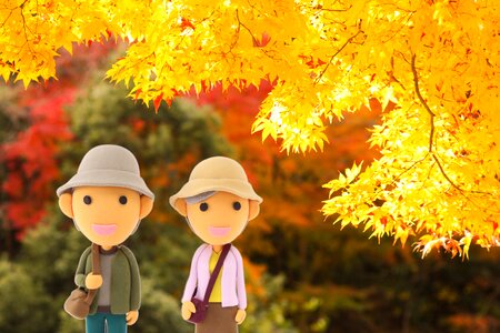 Old couple autumn leaves