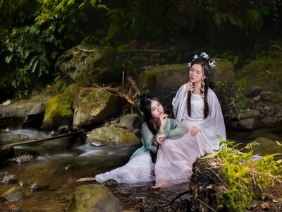 Women girls waterfall