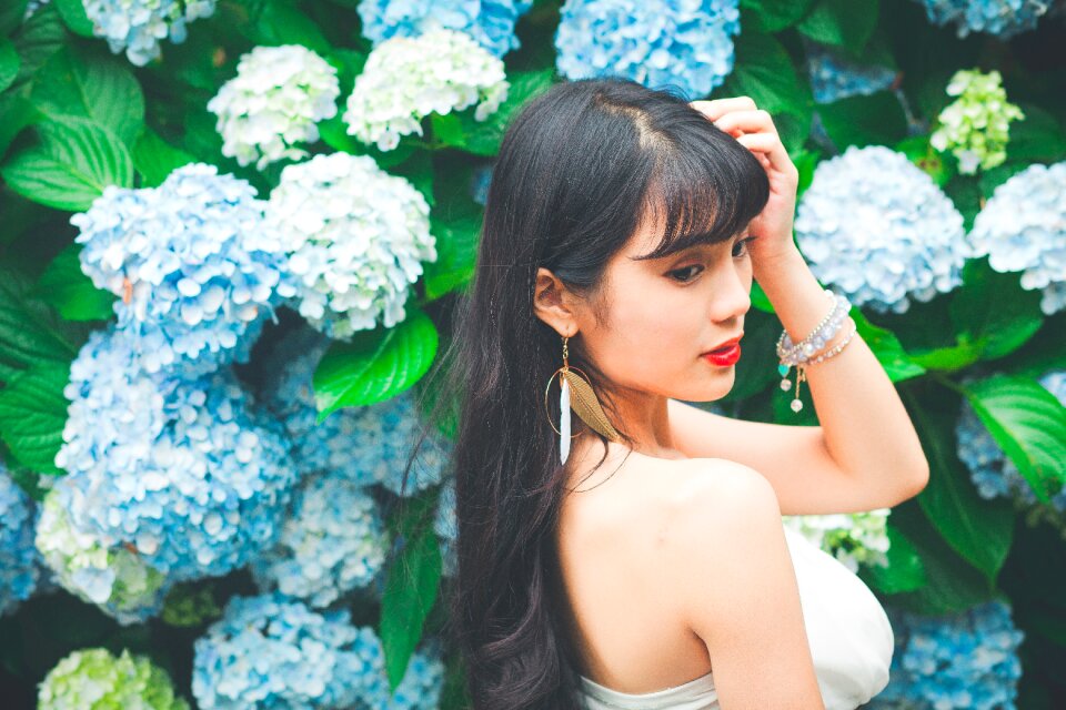 Woman girl portrait hydrangea