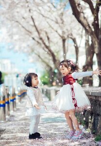 Cherry blossoms sister children