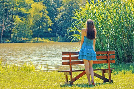 Woman bench lake