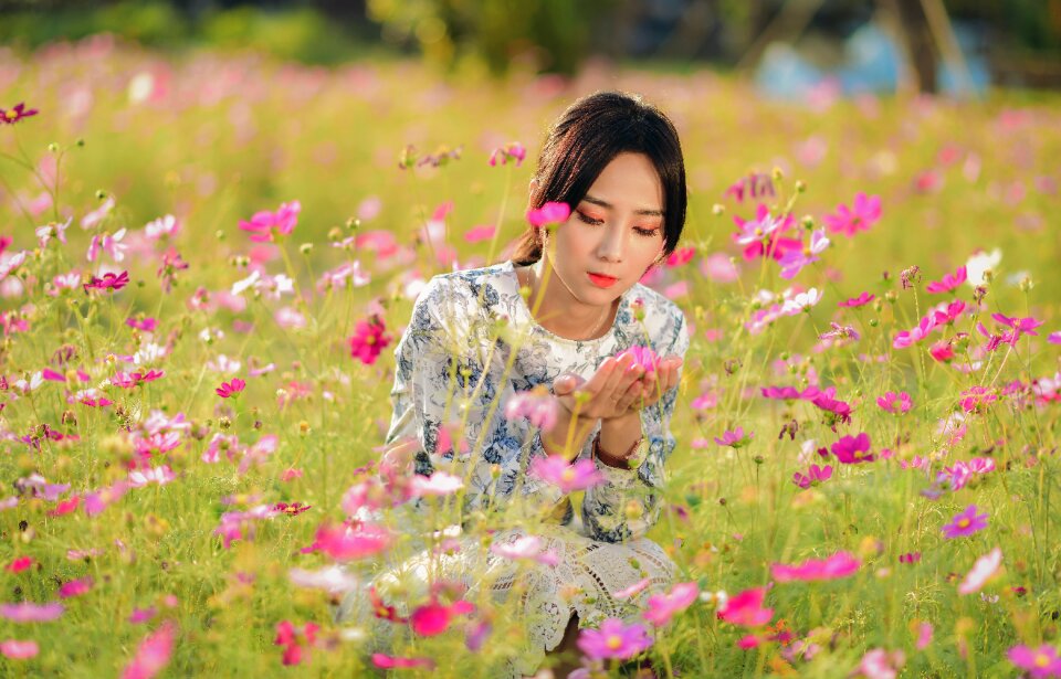 Woman girl cosmos field