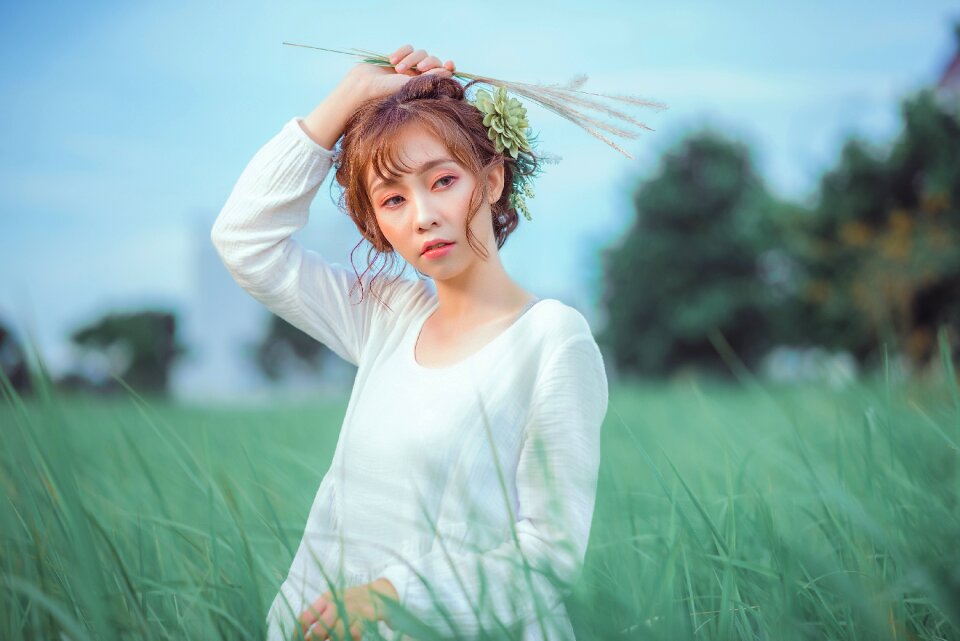 Woman girl grass bouquet