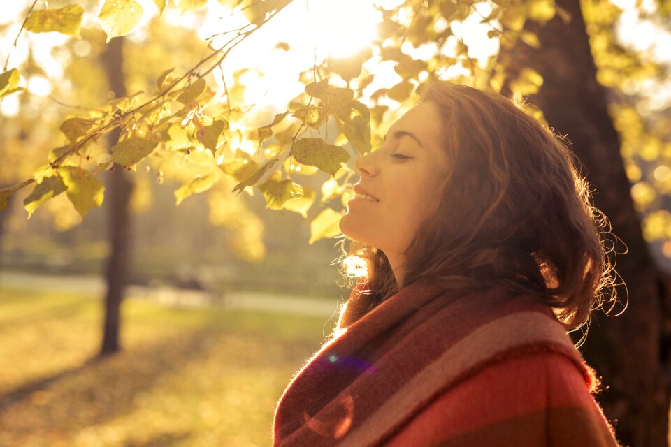 Woman girl leaves sunshine
