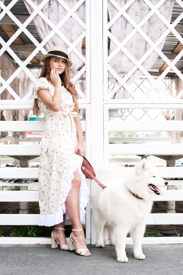 Woman girl samoyed dog