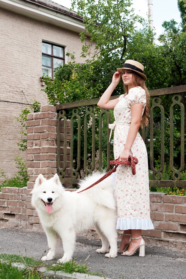 Woman girl samoyed dog