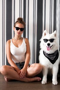 Woman girl samoyed dog