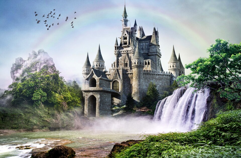 Castle waterfall rainbow
