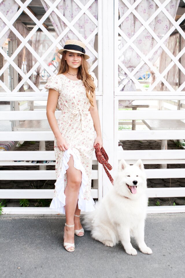 Woman girl samoyed dog