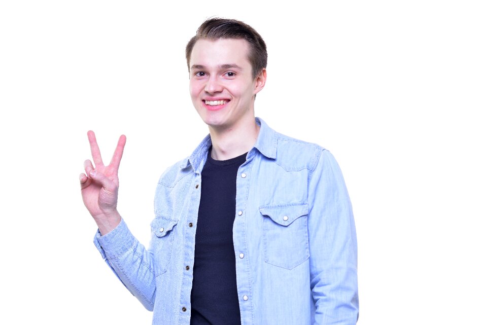 Man portrait v sign