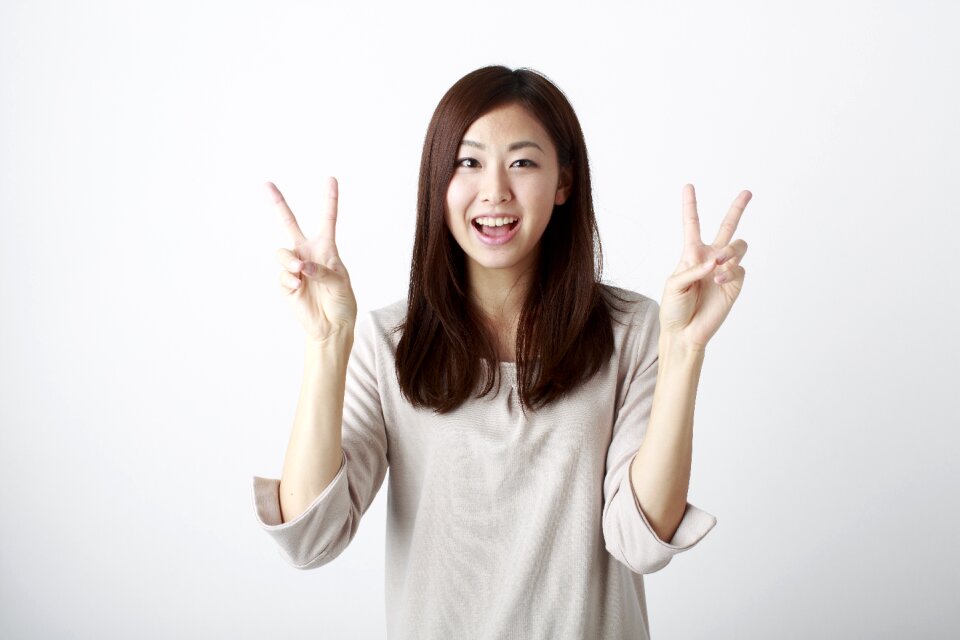 Woman girl portrait v sign photo