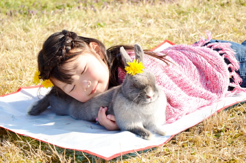 Child girl rabbit sleep
