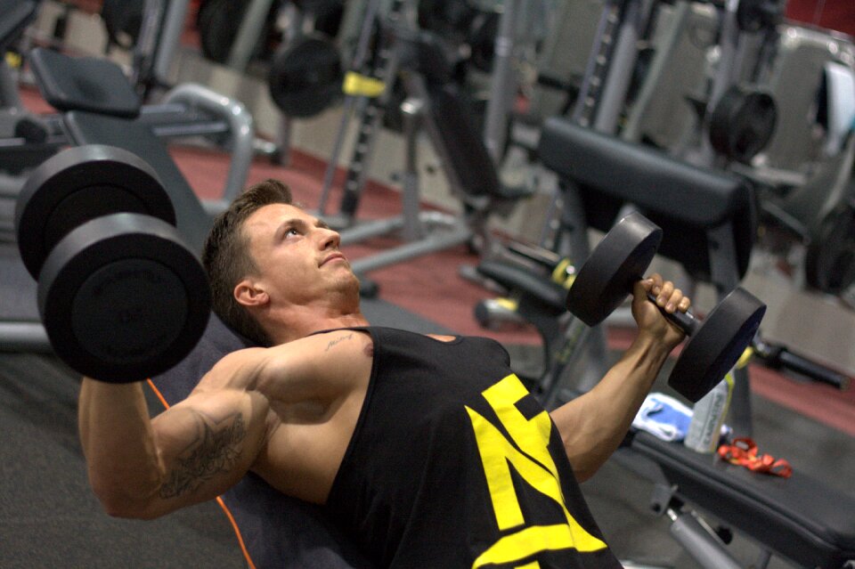 Man training muscle dumbbells