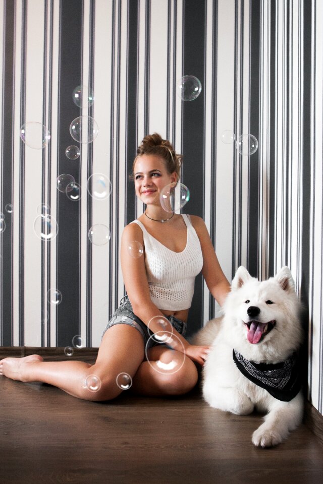 Woman girl samoyed dog
