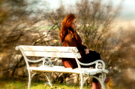 Woman girl sit beanch photo
