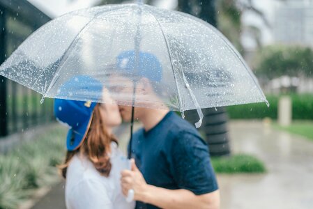 Couple kiss umbrella photo