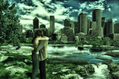 Couple city river
