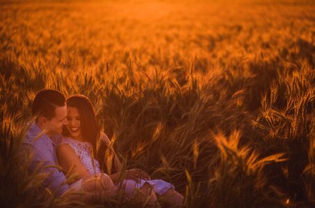 Couple wheat field sunset photo
