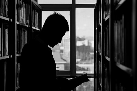 Man library reading book photo