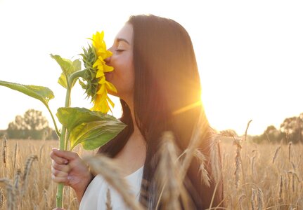 Woman kiss sunflower photo