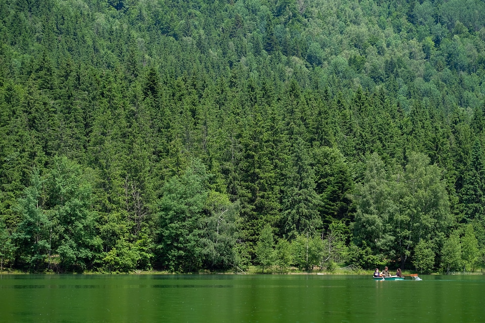 Boat on a Volcanic Green Lake Surrounded of a Forest