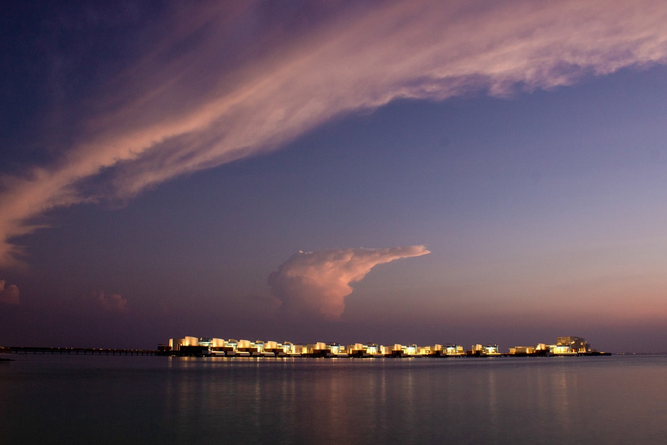 View from Far on the Ocean of on Water Villas Resort at Dawn