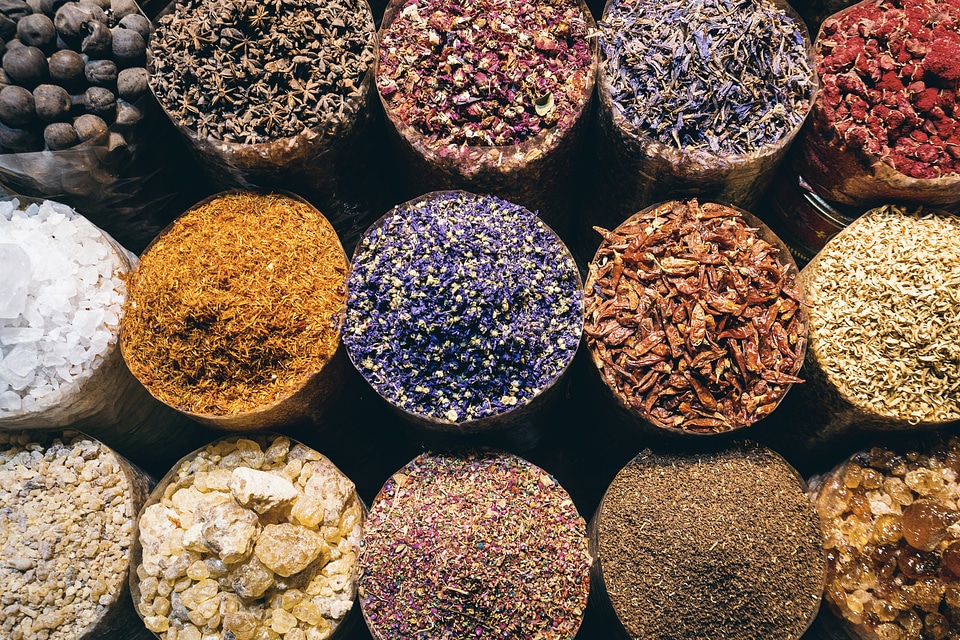 The many seasoning on a spice market. View from top