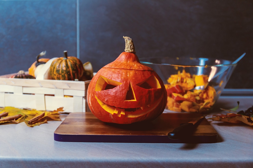 Happy Halloween! We preparing pumpkin to Halloween on kitchen