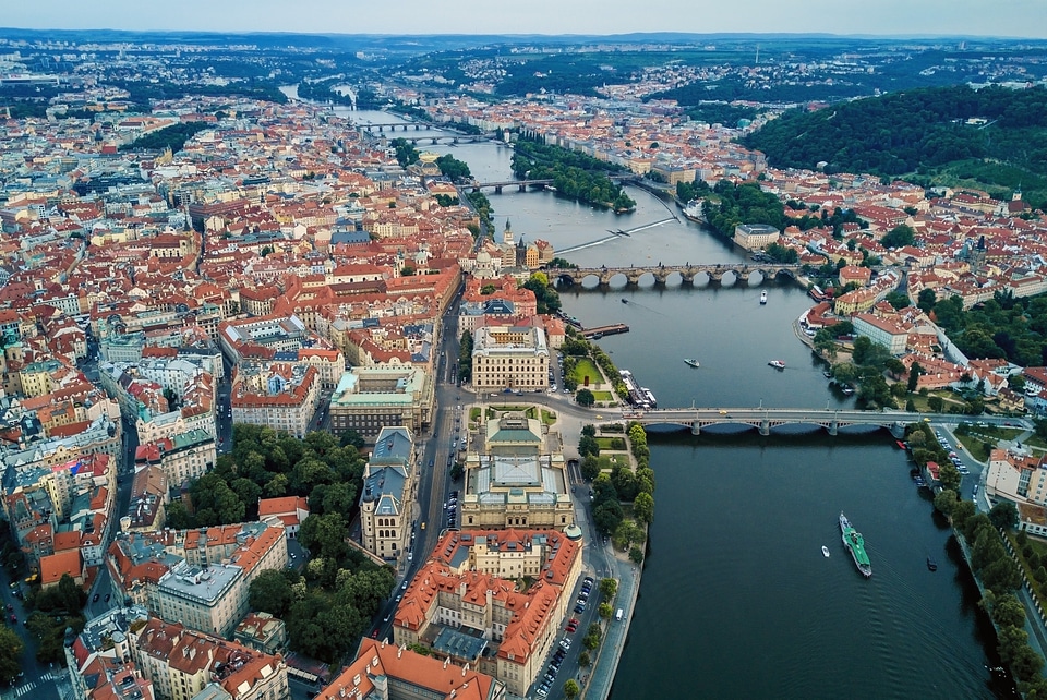 Amazing Historic Centre of Prague from aerial view
