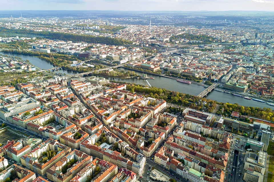 2 Amazing view on the historic city of Prague. Aerial view.