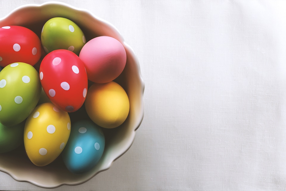 2 Happy Easter! A bowl full of Easter eggs.