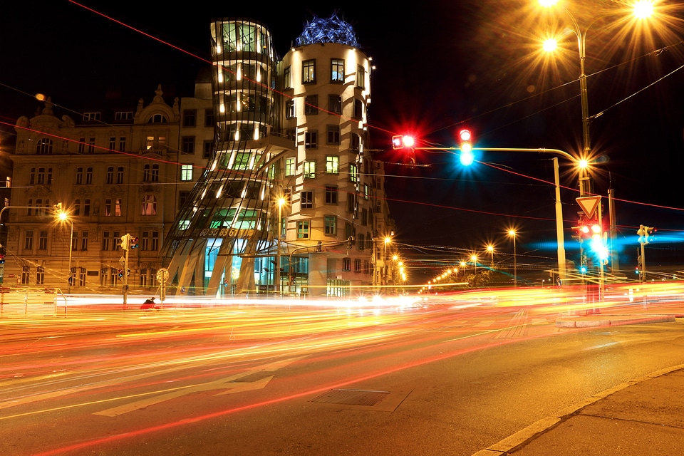 Night busy street with cars moving in Prague photo