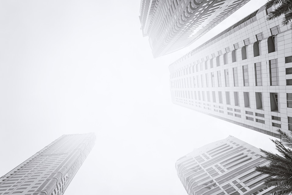 Bottom view of modern skyscraper. Business district in black & white