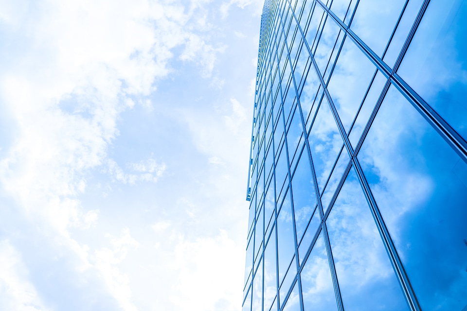 3 Windows of Skyscraper Business Office with blue sky, Corporate building in city.
