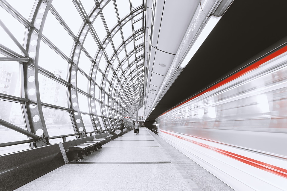 The beautiful architectural subway station. Subway through the station
