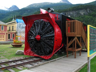 Steam locomotive monument snow