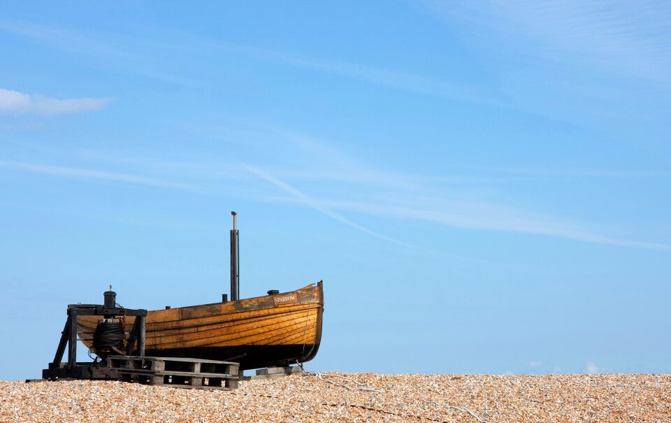Wooden fishing boat blue sky
