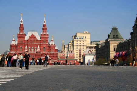 Cloudless blue sky silver roofs red square