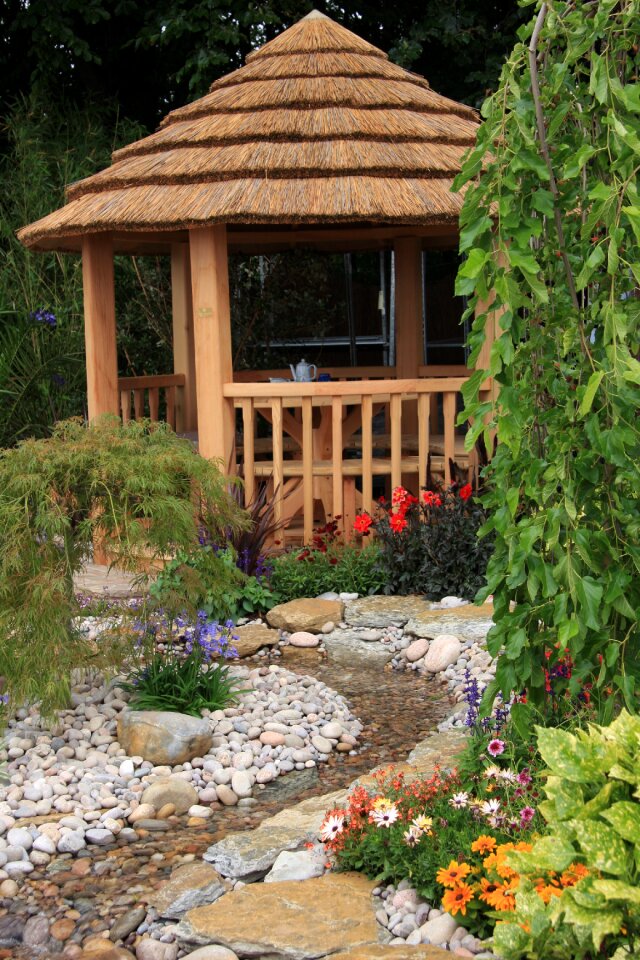 Wooden house garden stones