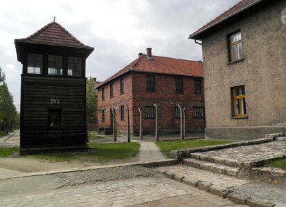 Concentration camp barak watchtower photo