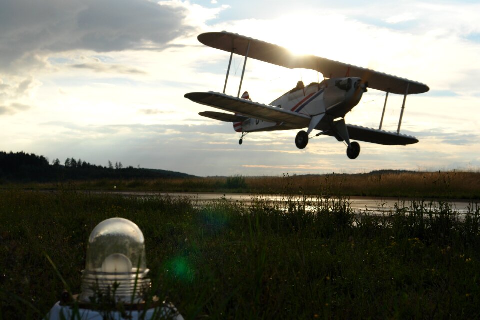 Flying propeller plane double decker